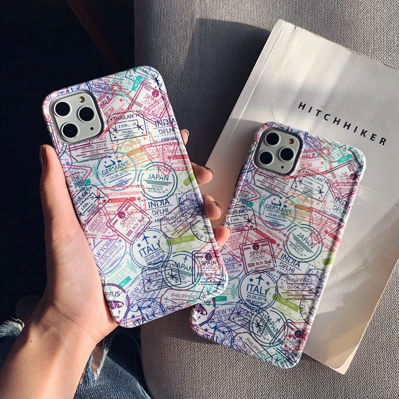 

INS Art City Visa Passport Stamp Travel Airfare Label Phone Case For iphone 11 Pro Max X XS XR 7 8 Plus SE 2020 Soft Cover Coque