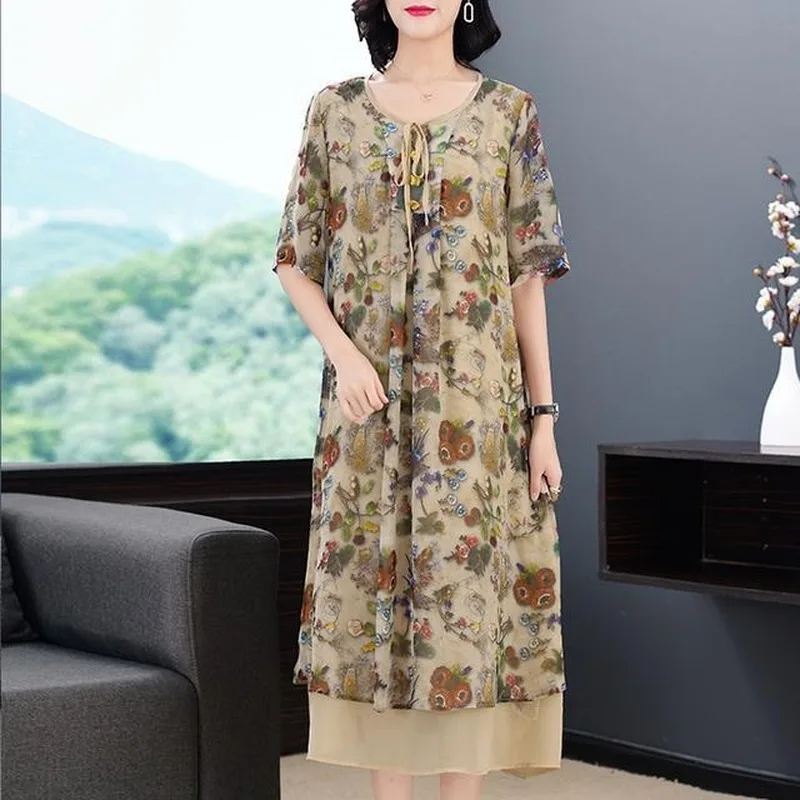 

2021 Summer New Women Chinese Style Vintage Printing Dress O-neck Elegant Floral Mid-calf Dresses Vestidos Plus Size 4XL Y32