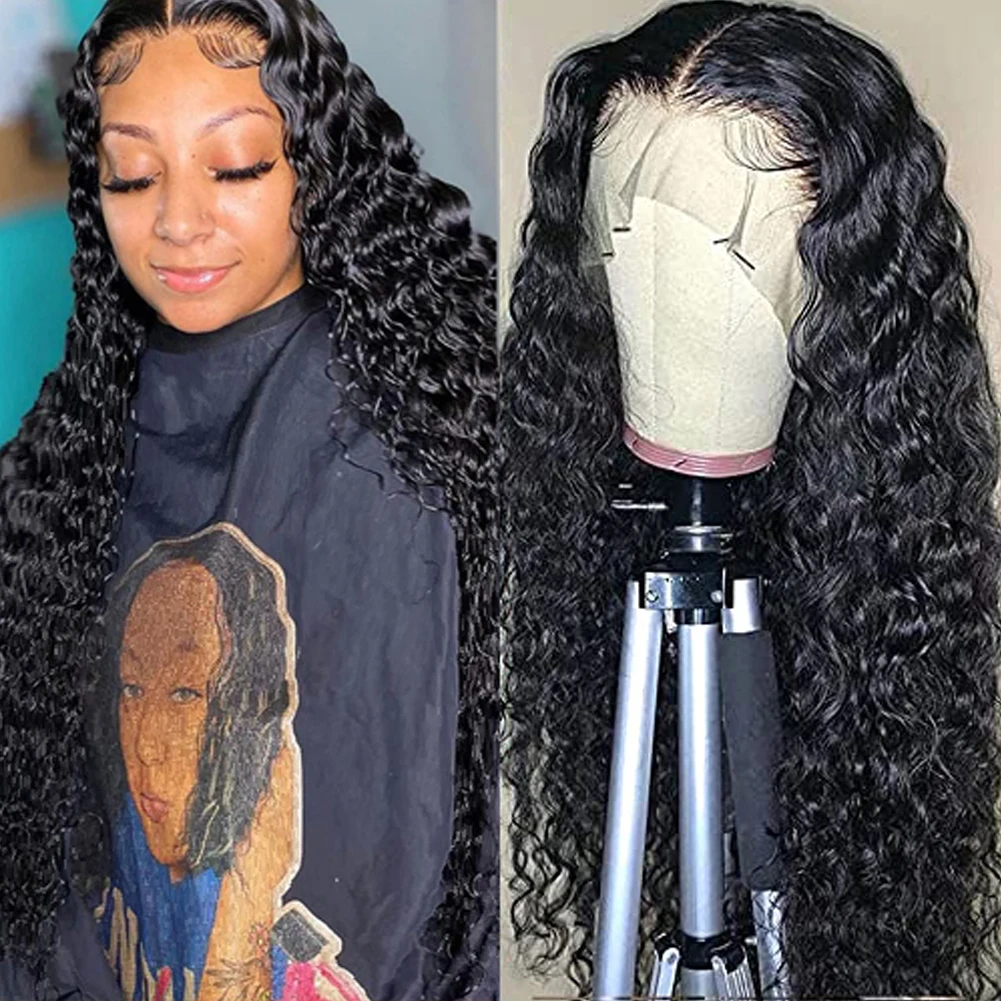 

RONGDUOYI Black Synthetic Hair Deep Wave Lace Wigs Long Wig Heat Resistant Fiber Daily Used Cosplay/Daily Used Wig For Women
