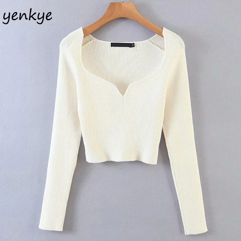 

Vintage Solid Color Elastic Knit Sweater Women Low Collar Long Sleeve Cropped Pullover Jumper Autumn Sexy Tops pull femme