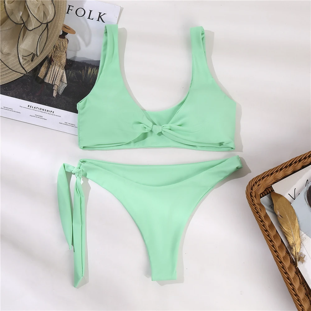 

High Quality Tie Knot Bikini Set Green Pink Sexy Bathing Suit Women Push Up Swimsuit Beachwear Biquinis Feminino Bikinis Mujer