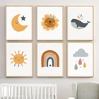 Декор для детской комнаты, солнце, луна, звезда, радуга, Кит, облако, мультфильм, искусство, холст, живопись, скандинавские постеры и принты