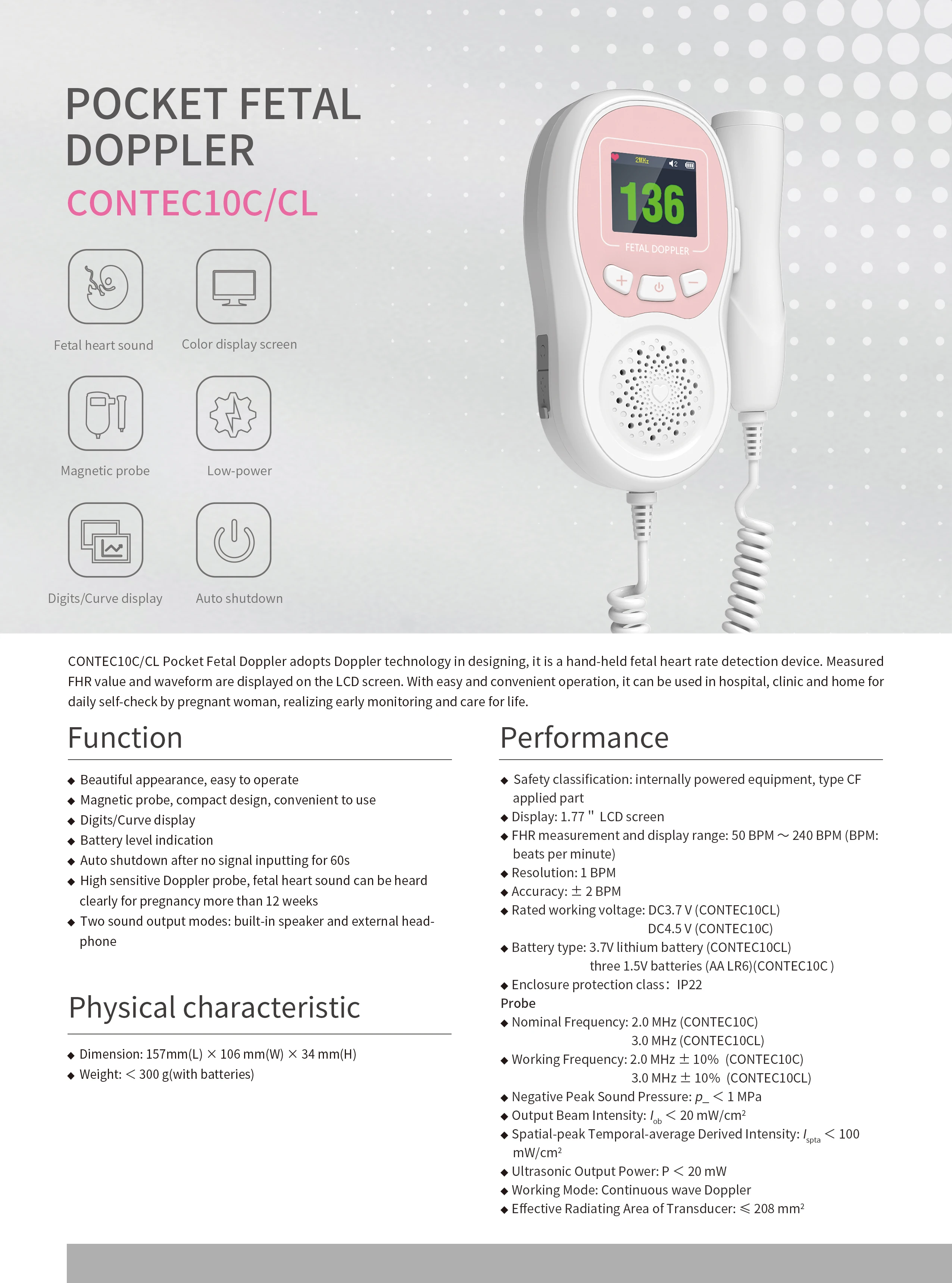 CONTEC10C/CL водостойкая батарея Доплер фетальная беременная женщина сердцебиение