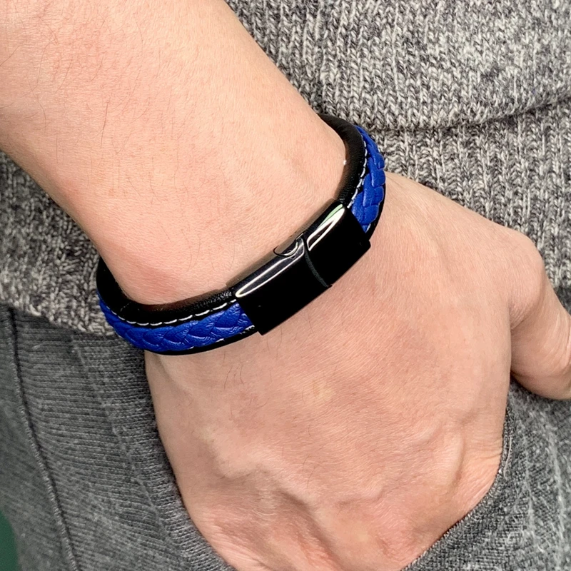 Модные мужские ювелирные изделия синий черный плетеный кожаный браслет веревка