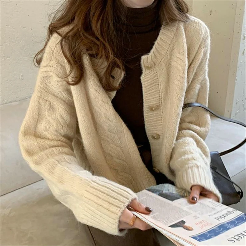 

Korean Vintage Plain Single Breasted Cardigan Sweaters For Women 2021 Newly Autumn Winter Knitted Jackets Soft Pull Femme