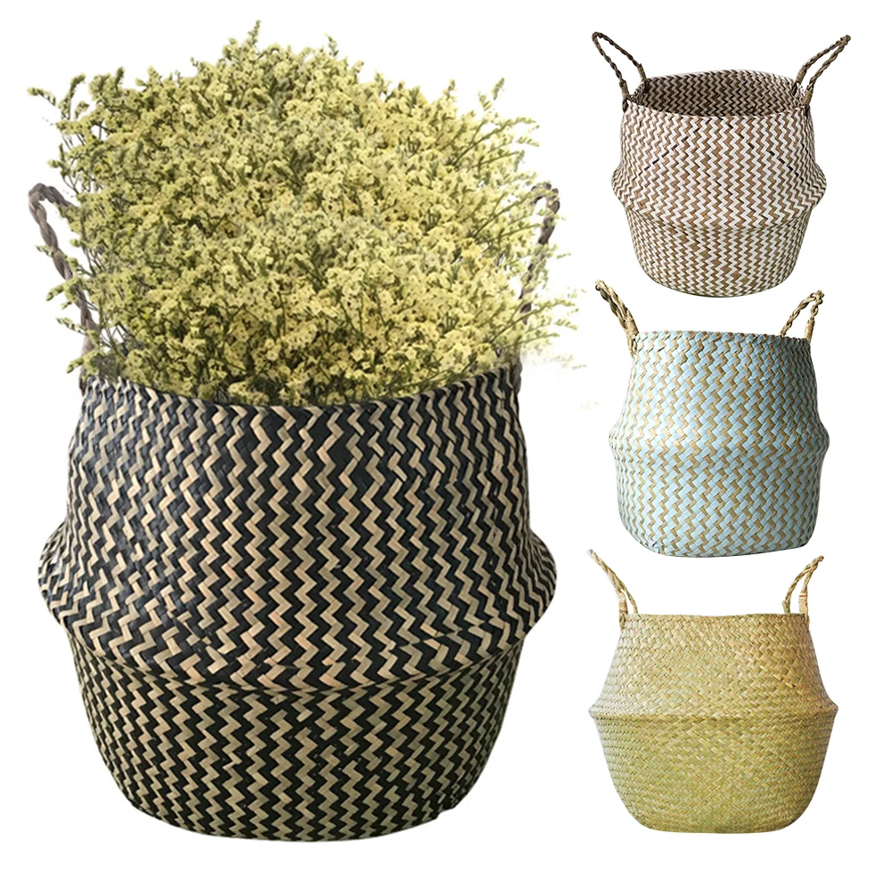 

Bamboo Storage Baskets Foldable Laundry Straw Patchwork Wicker Rattan Seagrass Belly Garden Flower Pot Planter Baskets