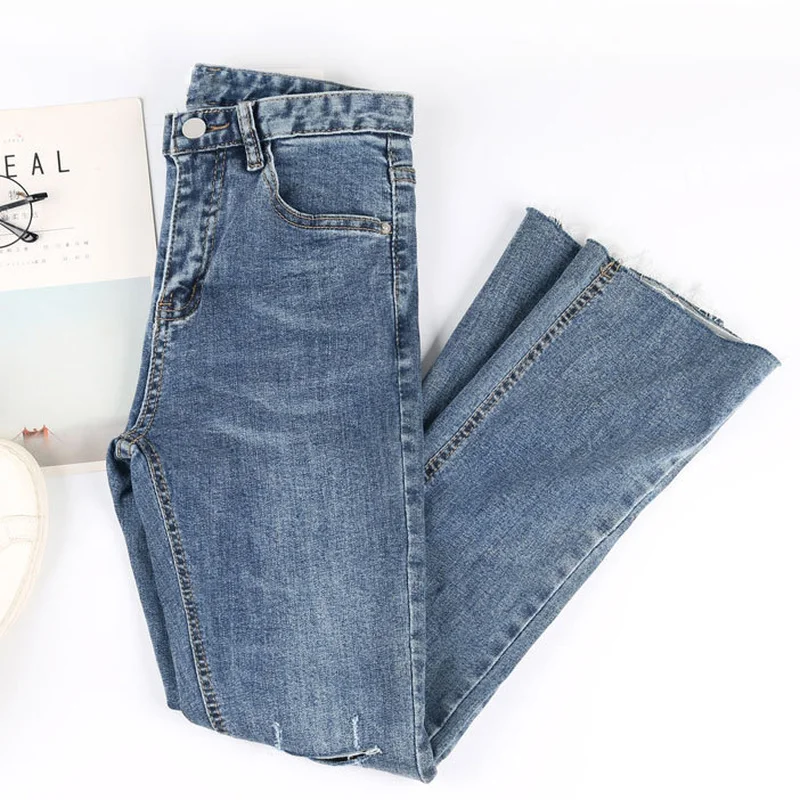Летние женские джинсовые расклешенные брюки эластичные тонкие хлопковые с