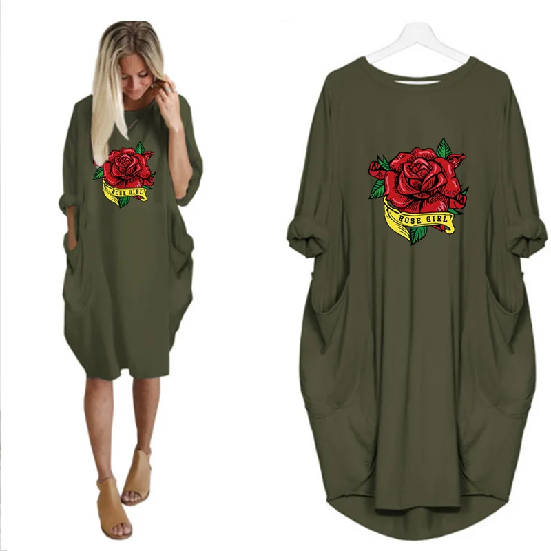 

Women Midi Dresses Rose Print Long Sleeve Pocket Loose o Neck Casual Beach Femme Robe Party Dress Vintage Streetwear Vestidos