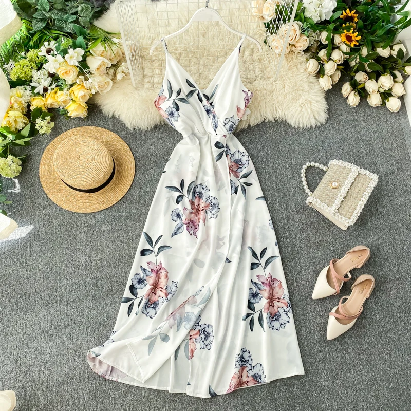 Женское сексуальное платье с бретелью, юбкой, пляжным принтом, женским V-образным вырезом, поясом для поддержки и стройной осанкой богини.