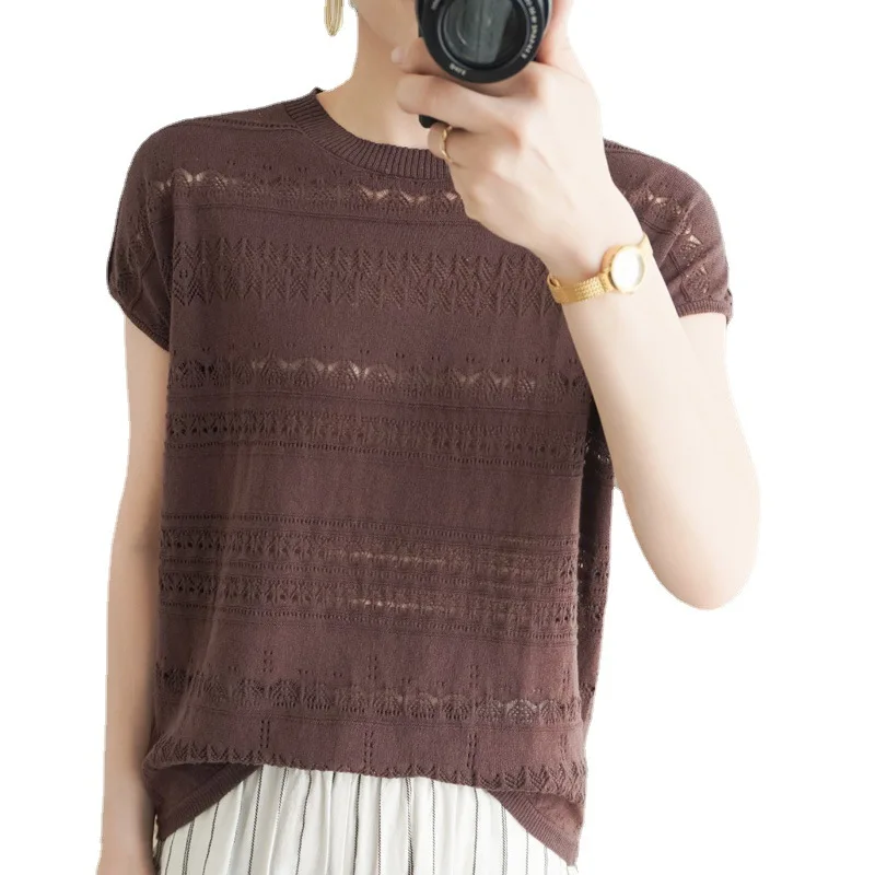 

2021 New style cotton and linen knitted short-sleeved round neck thin section hollow pure cotton casual T-shirt women loose top