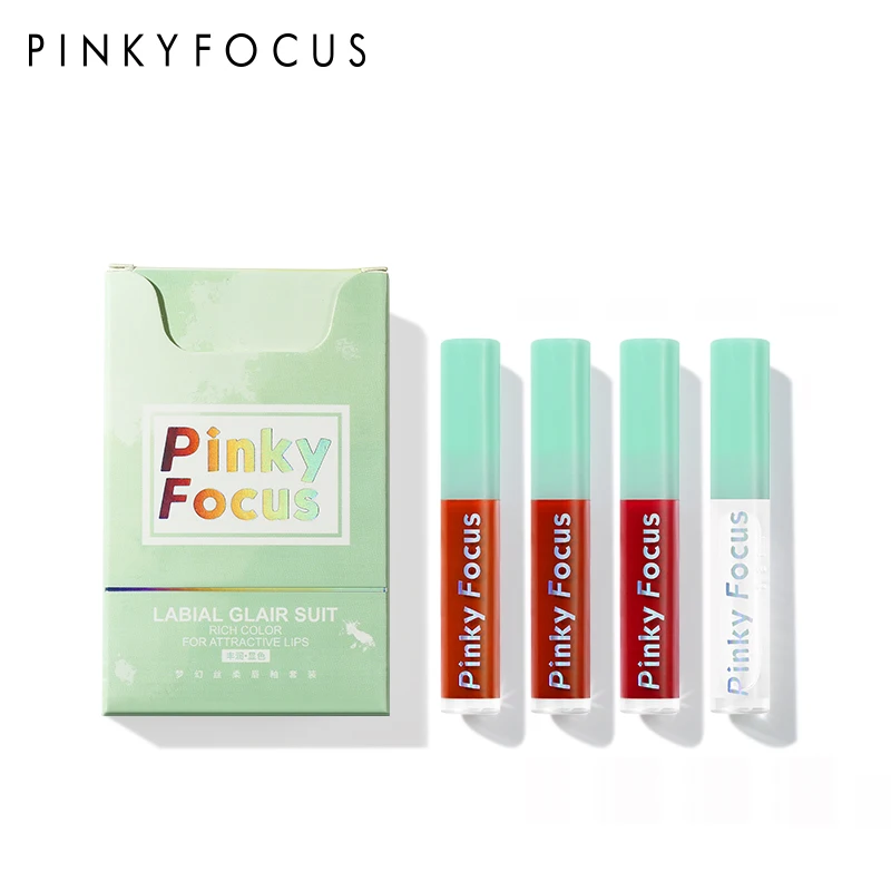 

Pinkyfocus four-color silk soft cigarette tube lip glaze set matte velvet glass light plump lip glaze compact and portable
