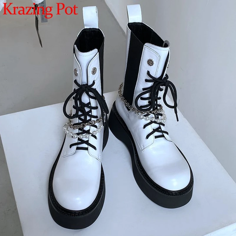 

Krazing Pot Chelsea boots cow leather KPOP luxury winter round toe metal flowers med heels lace up pearl chains ankle boots l18