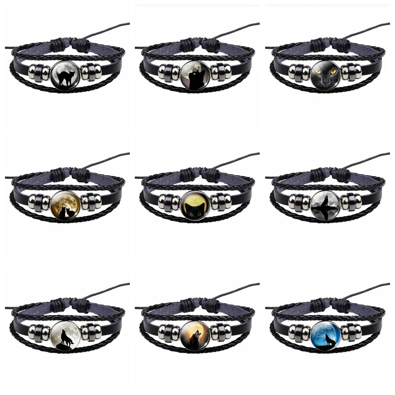 

Black Cat Rope Bracelet Gothic Full Moon Jewelry Weave Multilayer Leather Bracelet Bangle Men Women Fashion Accessories