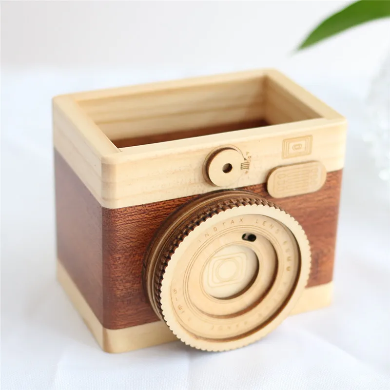 

2021 Creative Desk Organizer Camera Pattern Wooden Pen Pencil Case Holder Stand Desktop Sundries Storage Box Office Accessories