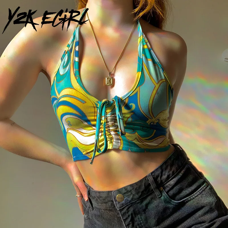 

Y2K EGIRL 90s Vintage Backless Drawstring Halter Tops Y2K Aesthetics 70's Ripple Print V-neck Sleeveless Crop Tops Summer Tanks