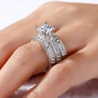 luxury princess cut simulated diamond rings sets 3 in 1 engagement wedding ring finger for women 14k white gold plated jewelry