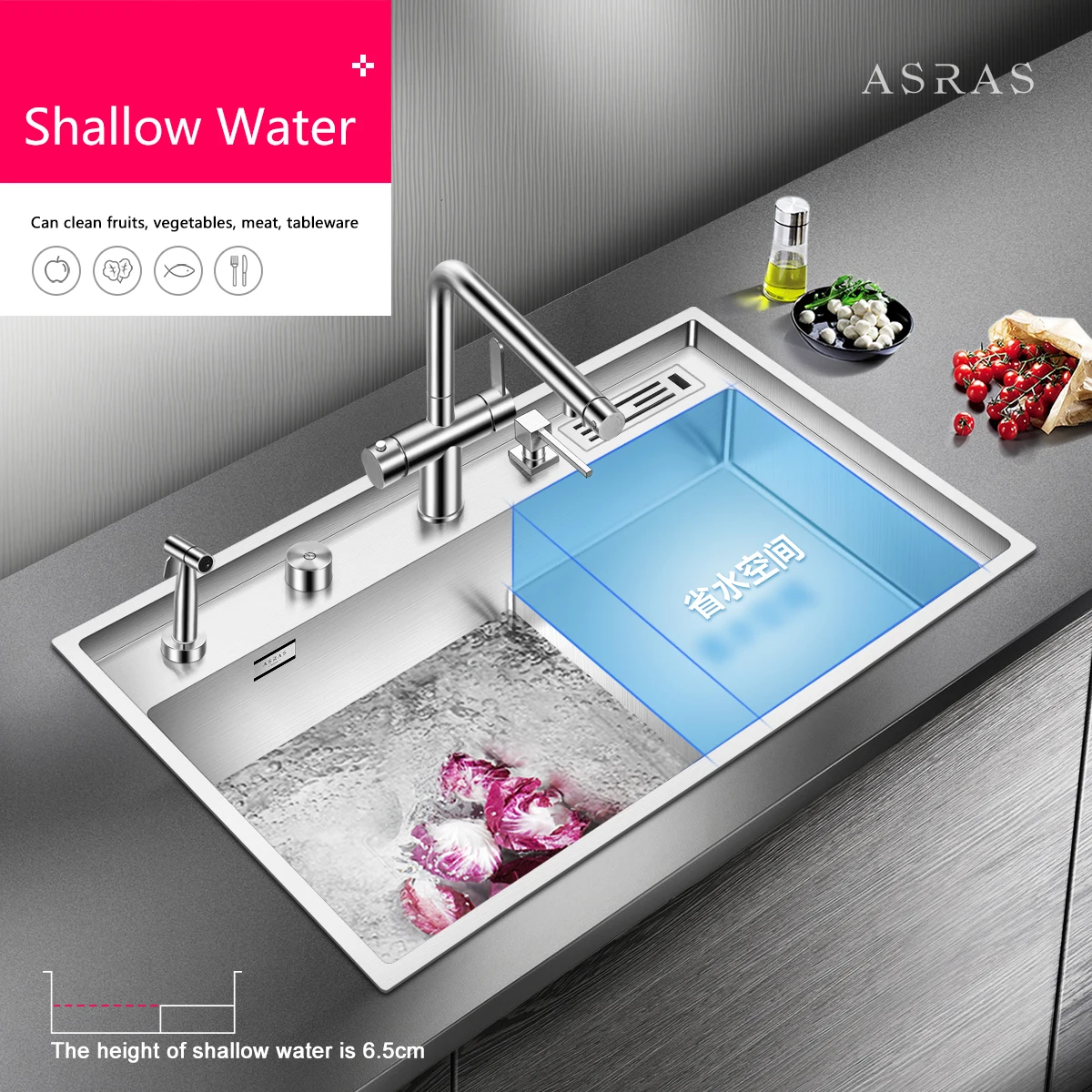 

Asras 8048J+3063 SUS304 handmade kitchen sink fine brushed stepped base with drainer and kitchen tap free shipping