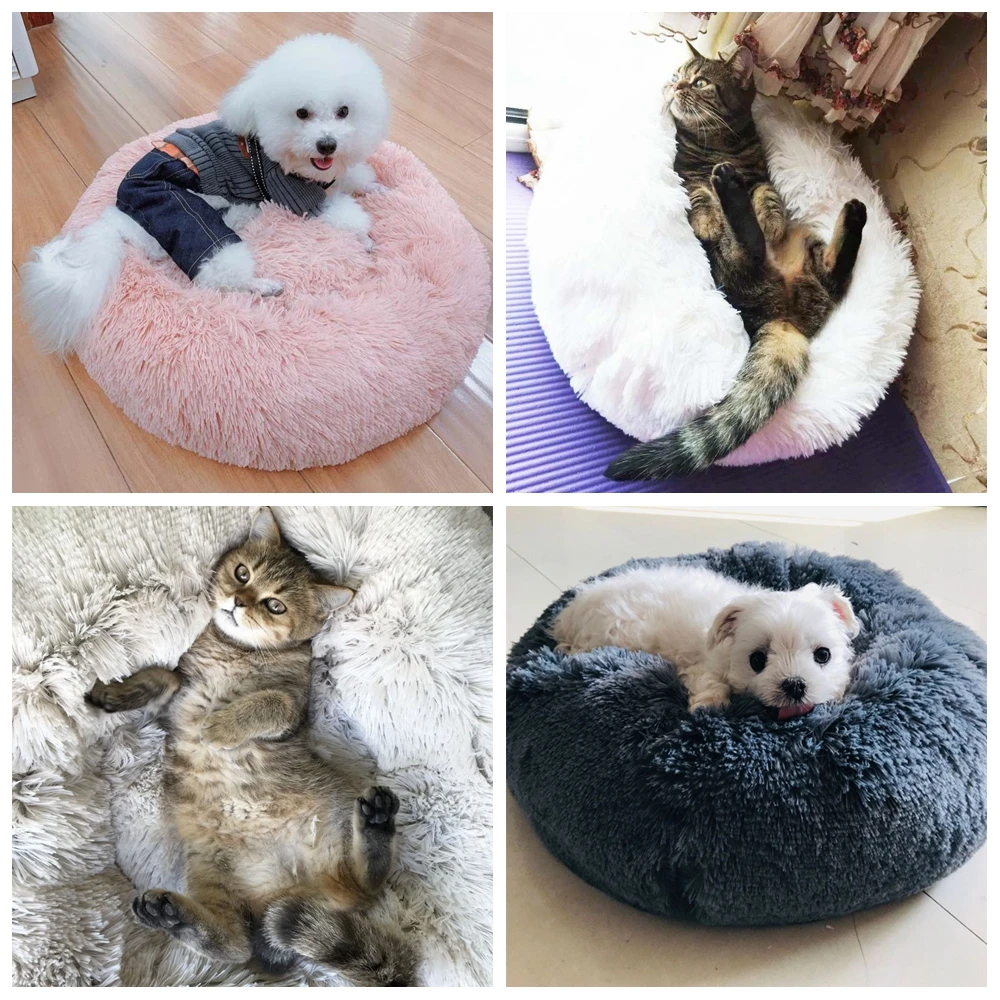 Fleece Cat Beds Round Pet Bed For Cats Dog Plush Bed House For Cat Kitten Marshmallow Cat Bed Mat Cushion Kennel Pet Supplies