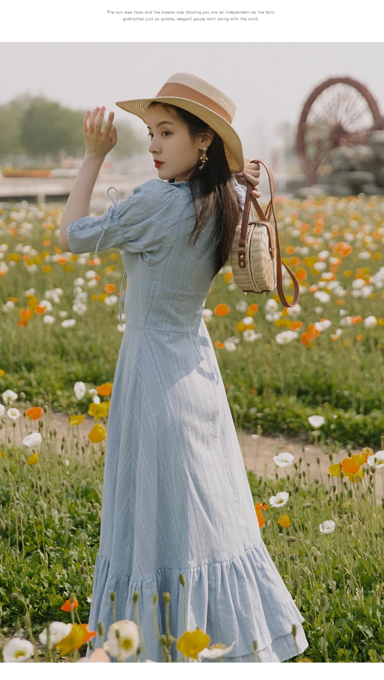 

Cottage Style Women Prairie Dress Vintage Light Blue Jacqard Dark Fringe Square Collar Puff Sleeve Princess Dresses Summer