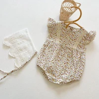 2021 summer new baby girl fly sleeve bodysuit lace floral infant princess jumpsuit toddler onesie with lace hat newborn clothes