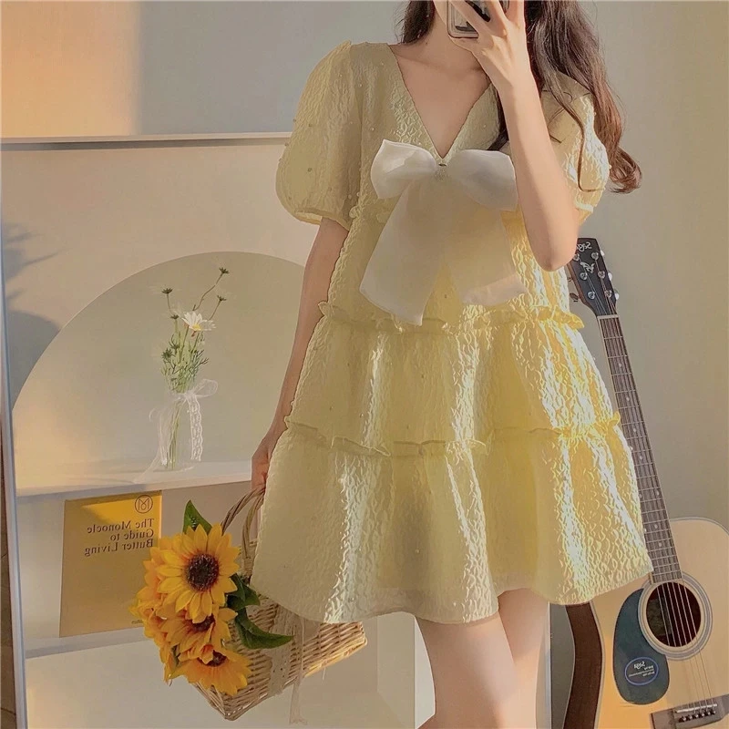 

Summer Sweet Women Dress Solid Color Short Puff Sleeve Soft Girl Fairy Princess Dress Puffy Dresses