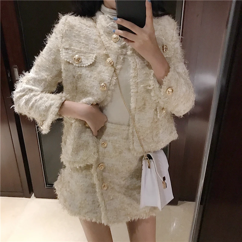 

ZAWFL 2021 New Autumn Fashion Runway Skirt 2 Piece Set Women Winter Luxury Elegant Buttons Tweed Woolen Jacket Skirt Suit