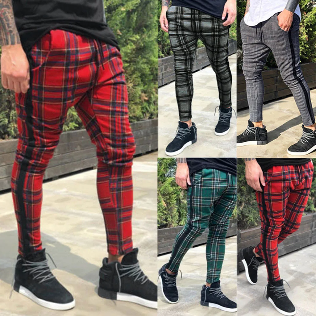 

Men's plaid classic trousers fashion casual sports pants Slim solid color plaid trousers running sports pants 40*