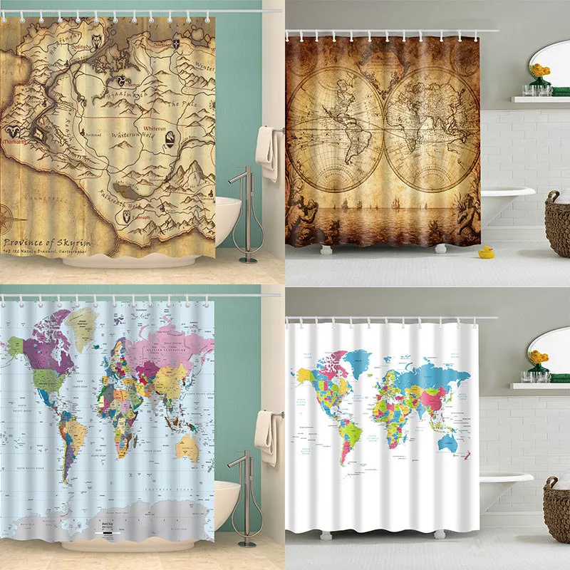 Занавеска для душа с картой мира водонепроницаемая моющаяся штора из полиэстера