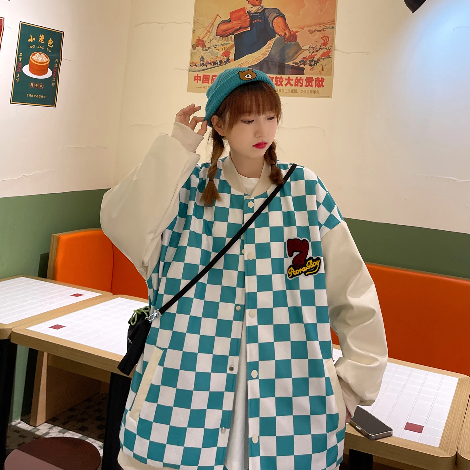 

Chess Plaid New Winter Collection Thick Warm Woman Coach Varsity Jacket Unisex Man Bomber Coat Embroidery Street Casual Couple