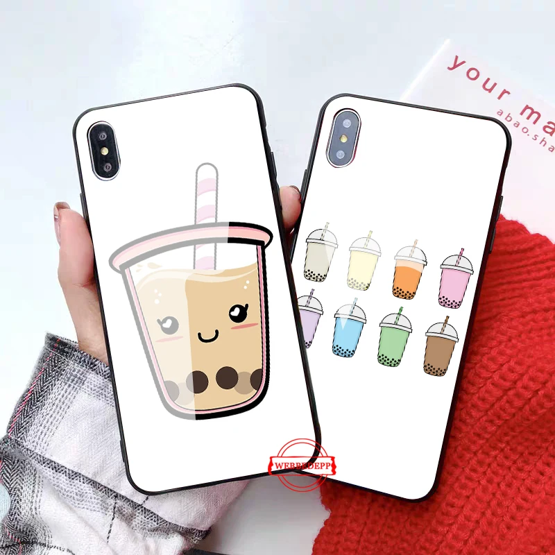 

Cartoon food pearl milk tea Glass Phone Case for Apple iPhone 11 Pro X XS Max 6 6S 7 8 Plus 5 5S SE