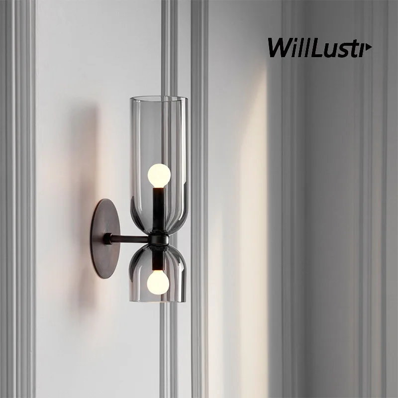 

Creative Glass Wall Lamp Modern Up Down Double Head Sconce Porch Lounge Study Bedside Balcony Blue Smoke White Luxury Lighting
