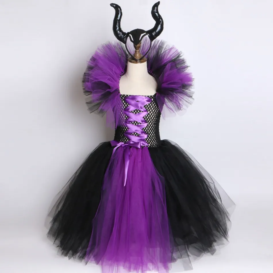 VOGUEON Deluxe Girl Maleficent; платье-пачка Феи ведьмы с повязкой на голову; Детские вечерние костюмы злой королевы на Хэллоуин; карнавальный костюм