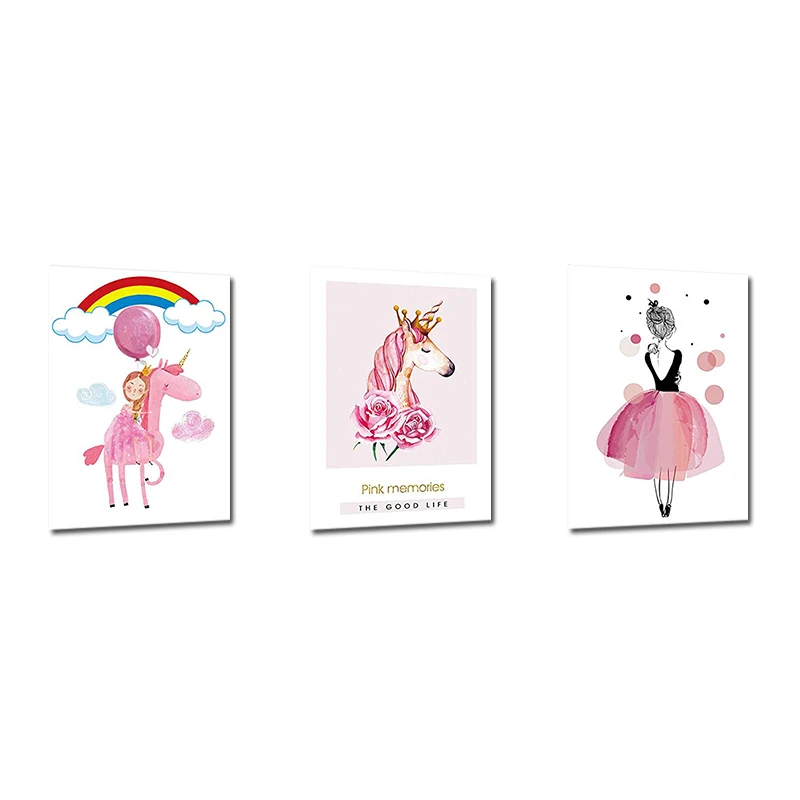 

Inspirational Wall Art Girls Bedroom Decor Canvas Art Pink Balloon Skirt Rainbow Unicorn Framed Kids Bedroom Modern 3 Pieces