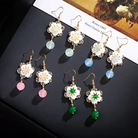 hanfu earrings for women girl pendant jewelry natural stone earring gold plated copper woman accessories chinese style vintage