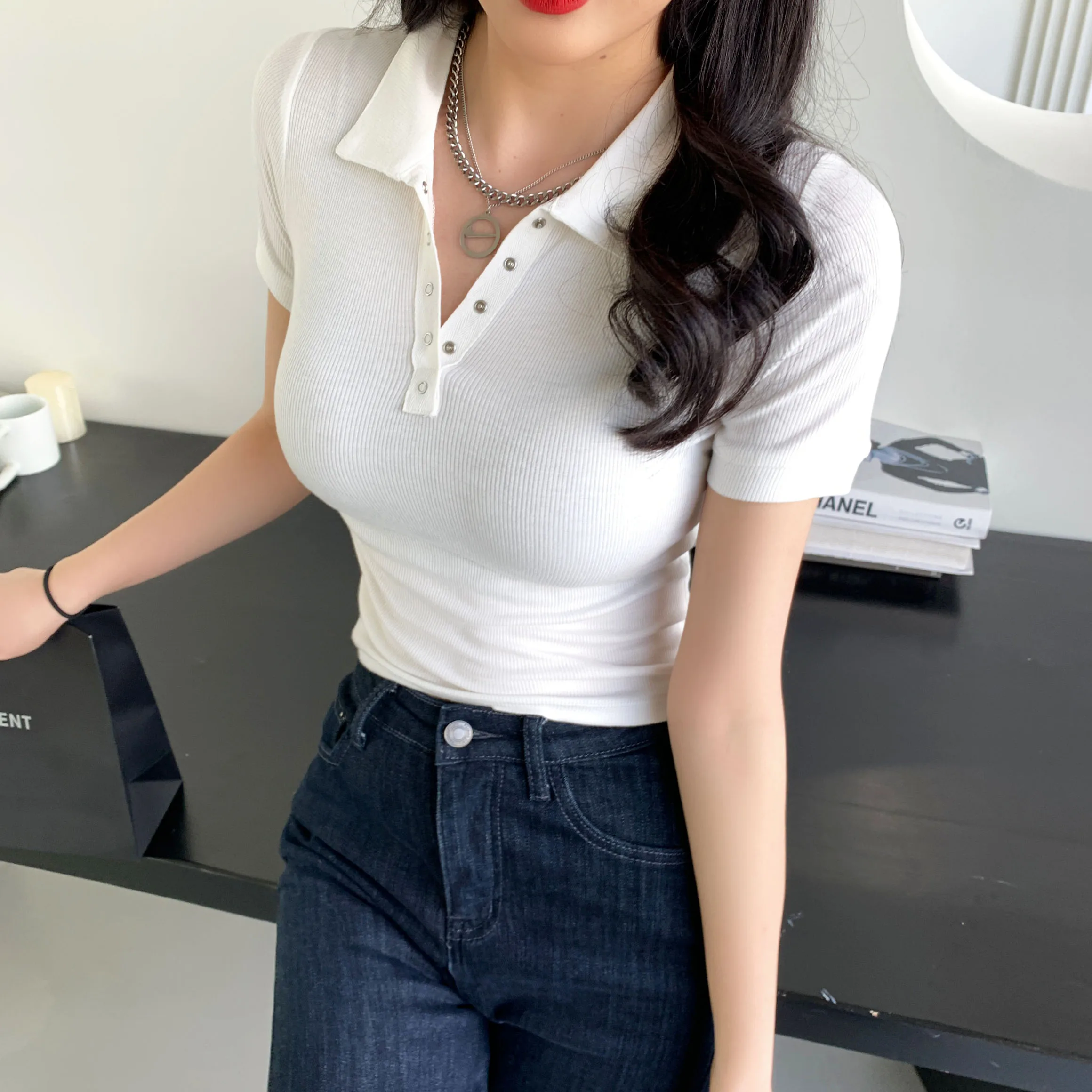 Однотонная женская рубашка поло 2021 топ футболка с коротким рукавом укороченный