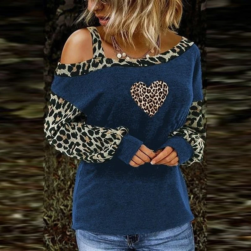 

Ladies Leopard Patchwork T Shirt Sexy Skew Collar Female Streetwear T Shirt Casual Long Sleeves Women One Shoulder Pullover