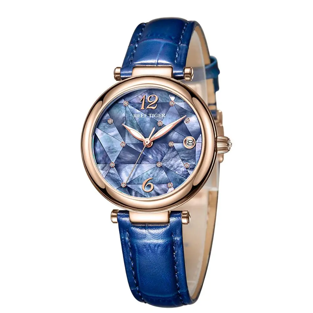 Reef Tiger/RT New Design Luxury 316L Steel Blue Dial Automatic Watches Women Genuine Leather Strap Watches RGA1584 enlarge