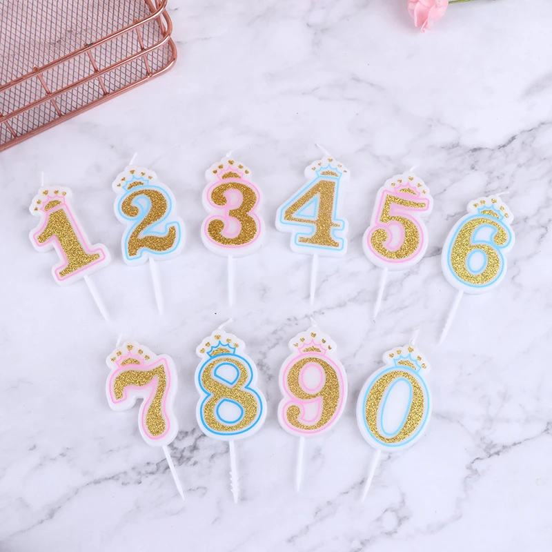 

Shinning Gold Pink/Blue Happy Birthday Number Candles For Kids Adult Girls Birthday Party Crown Candles Cake
