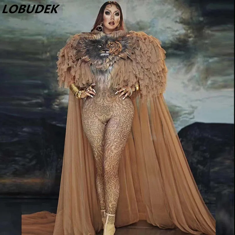 Женский танцор певец сценическая одежда стрейчевый комбинезон с тигровым узором