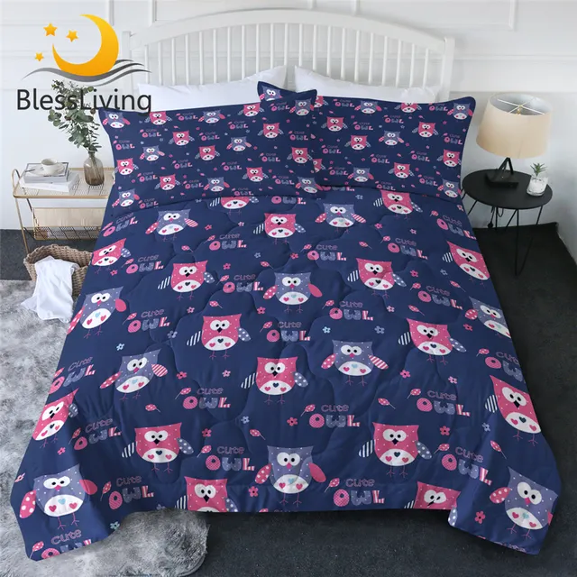 BlessLiving Eagle Summer Quilt Owl Cool Blanket Cartoon Animal Queen Size Bedding Cute Bird Couette De Lit Pink Purple Bedspread 1