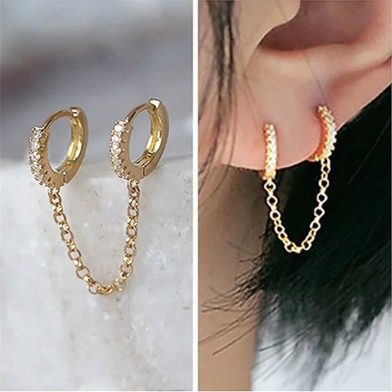 

Hot Sale Two Hole Piercing Earrings For Women Shiny Crystal Zircon 3 Metal Color Chain Party Earrings Jewelry