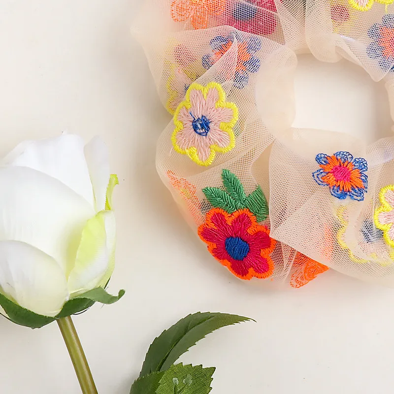 

Summer Embroidery Flower Chiffon Elastic Hair Rubber Bands Scrunchie Ponytail Holder For Women Girls Fashion Hair Accessories