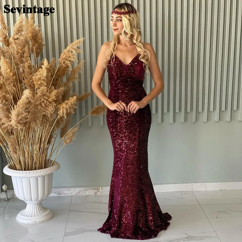 

Sevintage Bling Sequines Mermaid Evening Dresses Long Spaghetti Strap Formal Party Gowns Custom Made Modern Women Prom Dress
