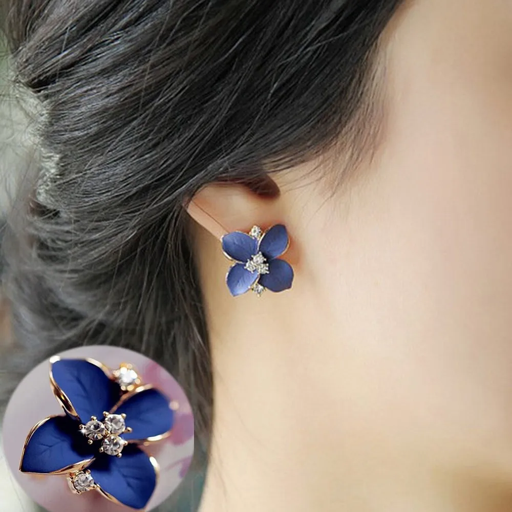 

KISSWIFE 2018 New Elegant Noble Blue Flower Ladies Gold Rhinestone Earrings Piercing Brinco Women