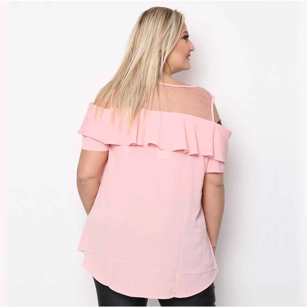 

Plus Size Women Summer Ruffles Tshirt Mesh Patchwork Off Shoulder Short Sleeve Chiffon Blouse Top Casual Women Tops