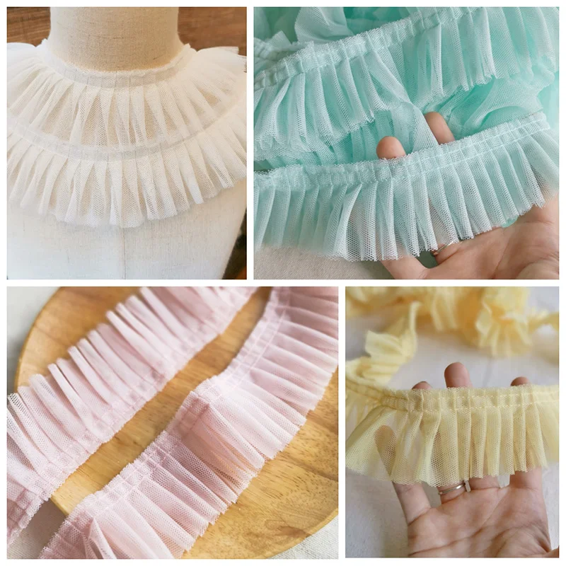 15 ярдов мягкая белая розовая зеленая кружевная отделка с оборками двухслойная