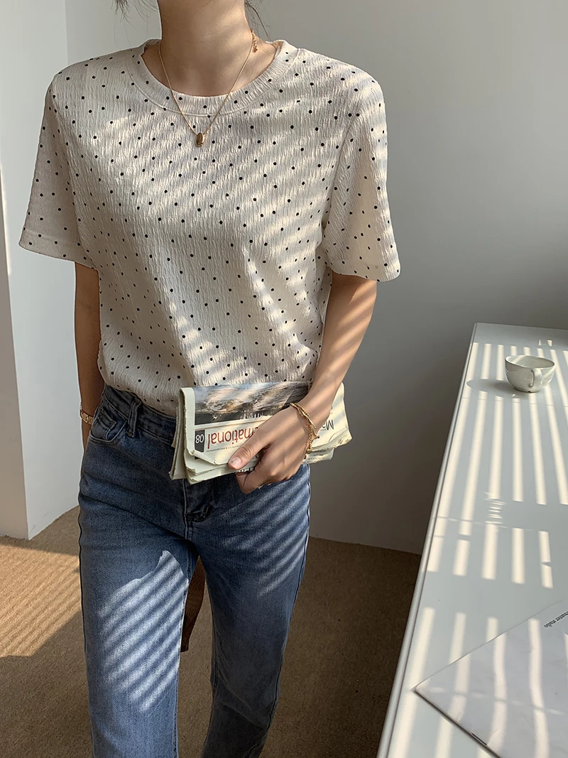 Женские винтажные повседневные футболки в горошек с круглым вырезом Модные