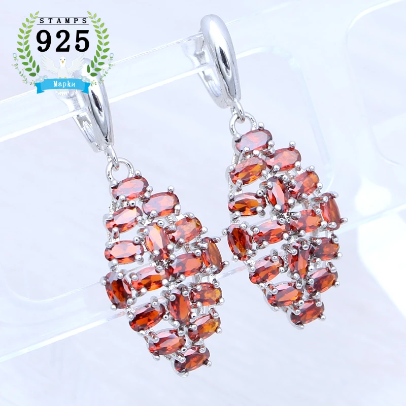 925 пробы серебряные свадебные горный хрусталь серьги красный камень гранат