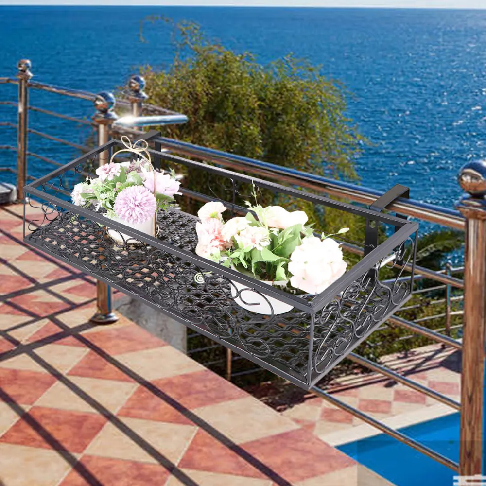 

1pc Balcony Hanging Guardrail Flower Stand Plant Succulent Railing Flower Pot Planting Shelf (Black)