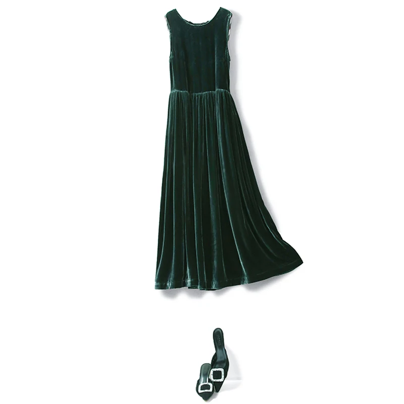 

Lautaro Long pleated velvet dress women Elegant Green black casual sleeveless maxi dresses for women summer 2021 Korean fashion